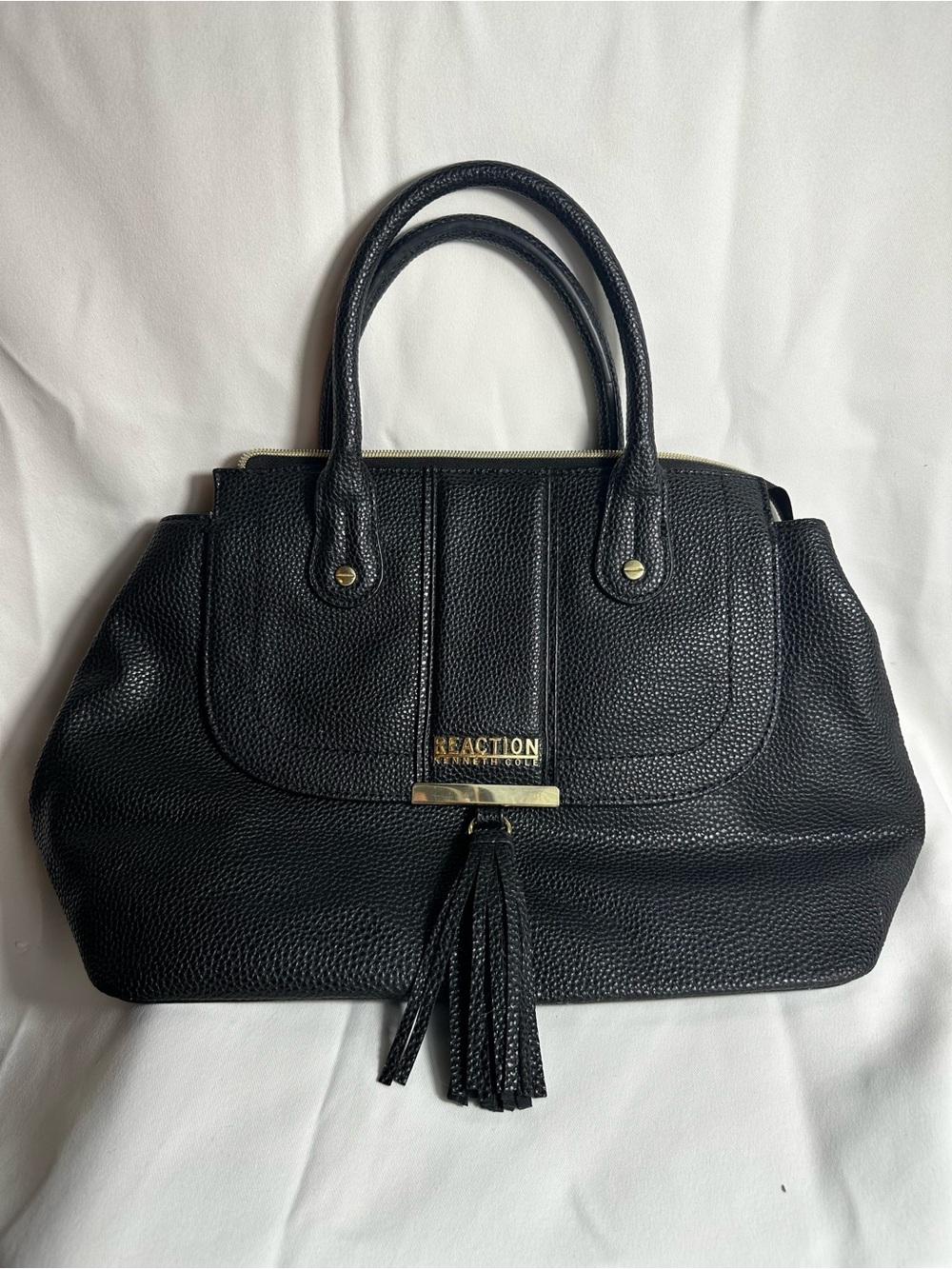 Kenneth Cole Reaction Black Pebbled Leather Tassel Satchel Handbag